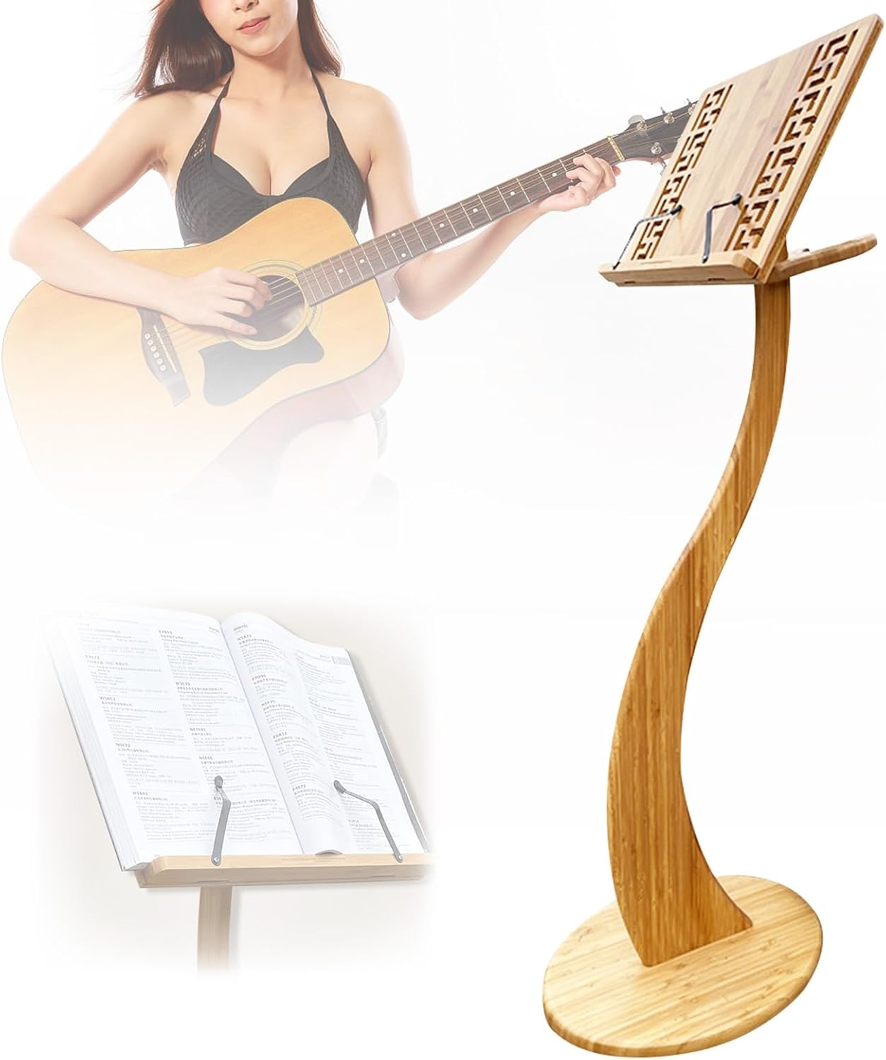 Bamboo Conductor Music Stand, Wooden Music Sheet Stand, Music Book Stand with Violin Hanger, 340° Flip Design, Adjustable Angle, for Guitar, Ukulele, Violin Players