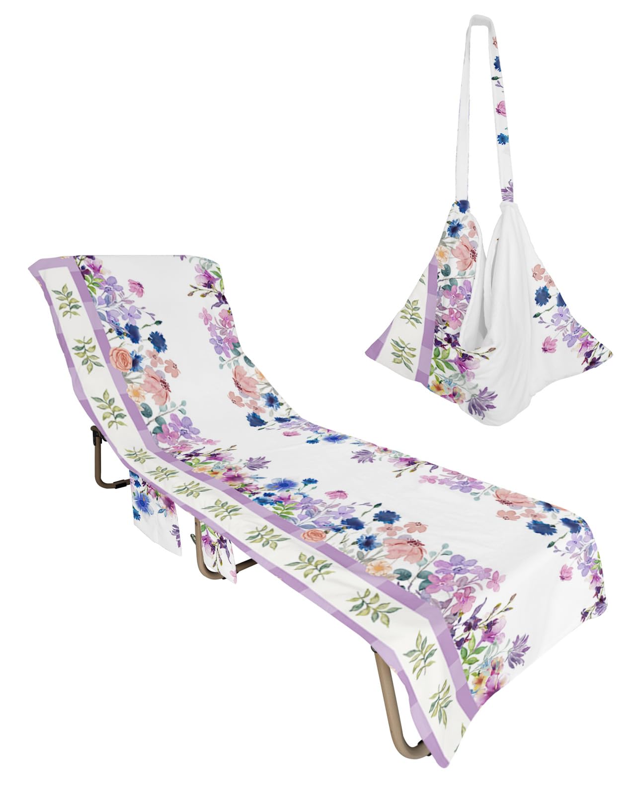 Purple Flower Beach Chair Towel Covers for Chaise Lounge With Side Pocket, Soft Plush Pool Towels Cover for Patio Sunbathing Outdoor 29''x85'' Gradient Botanical Plant Leaves