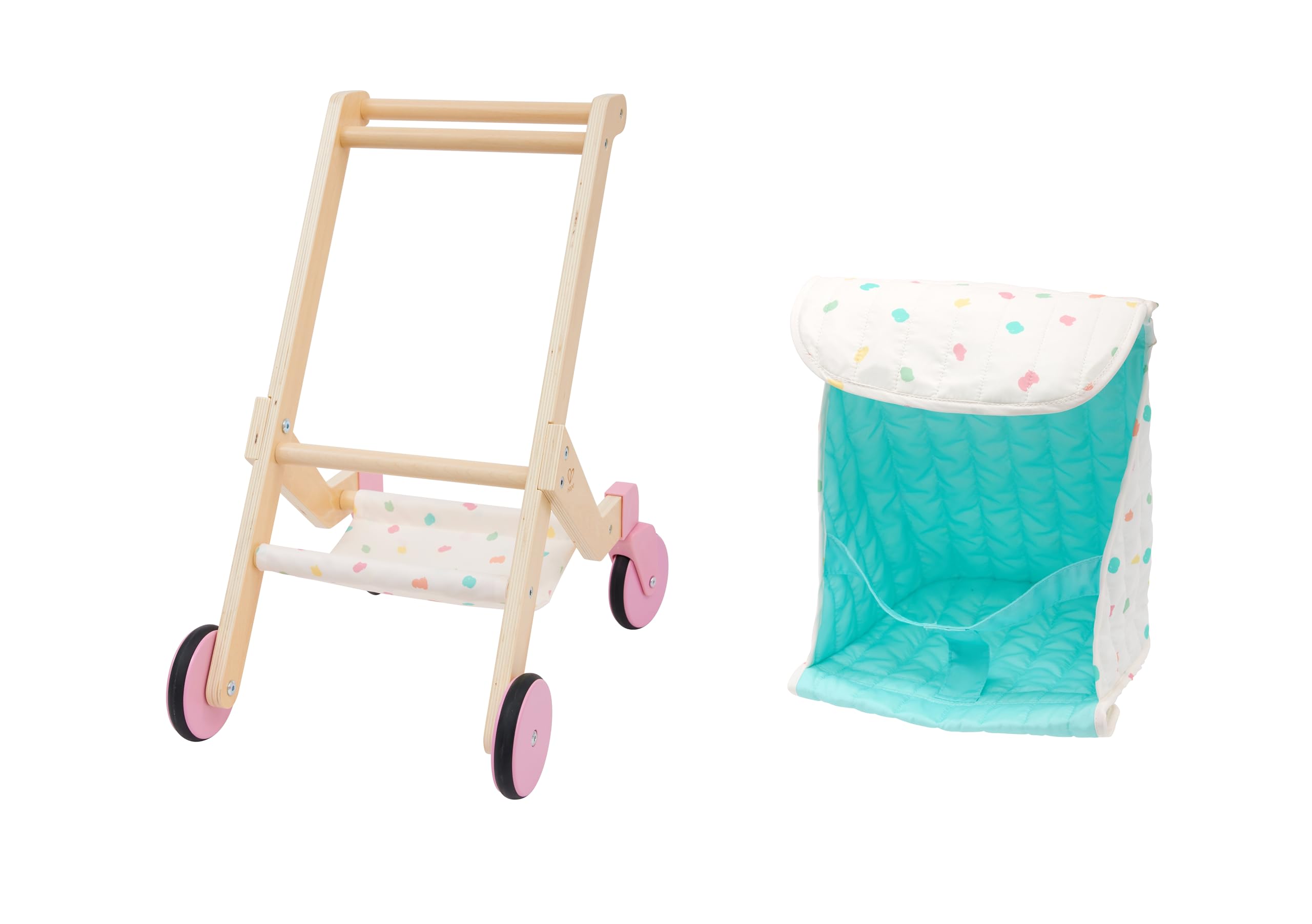 Hape Passeggino per bambole "Sweet Walks" in legno – Passeggino per bambole – Robusto carrello scorrevole con rivestimento in tessuto – Carrello giocattolo per bambole e orsacchiotti – per bambini dai