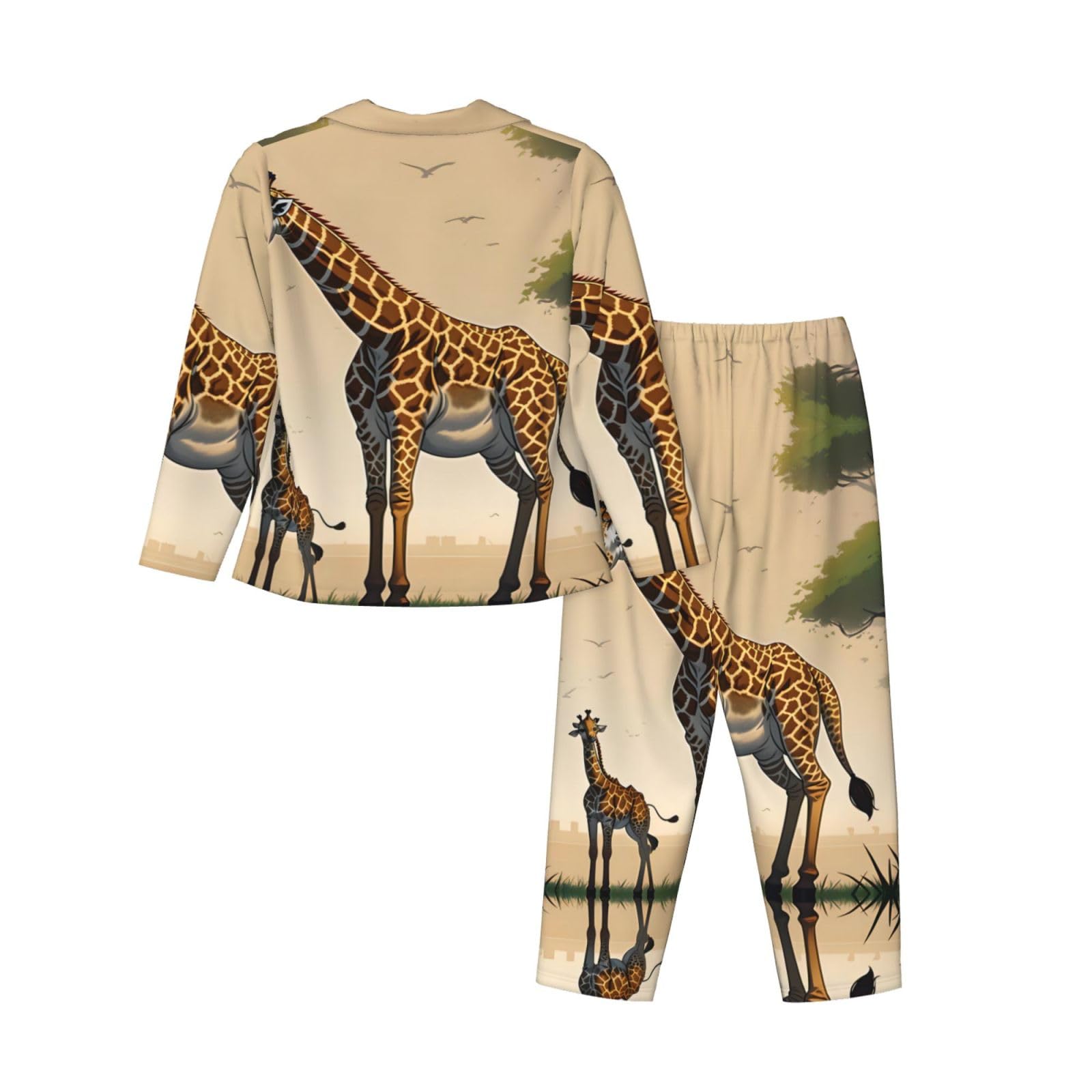 Pigiama da donna con stampa giraffa madre e bambino a maniche lunghe - Morbido e caldo abbigliamento da casa autunno/inverno -
