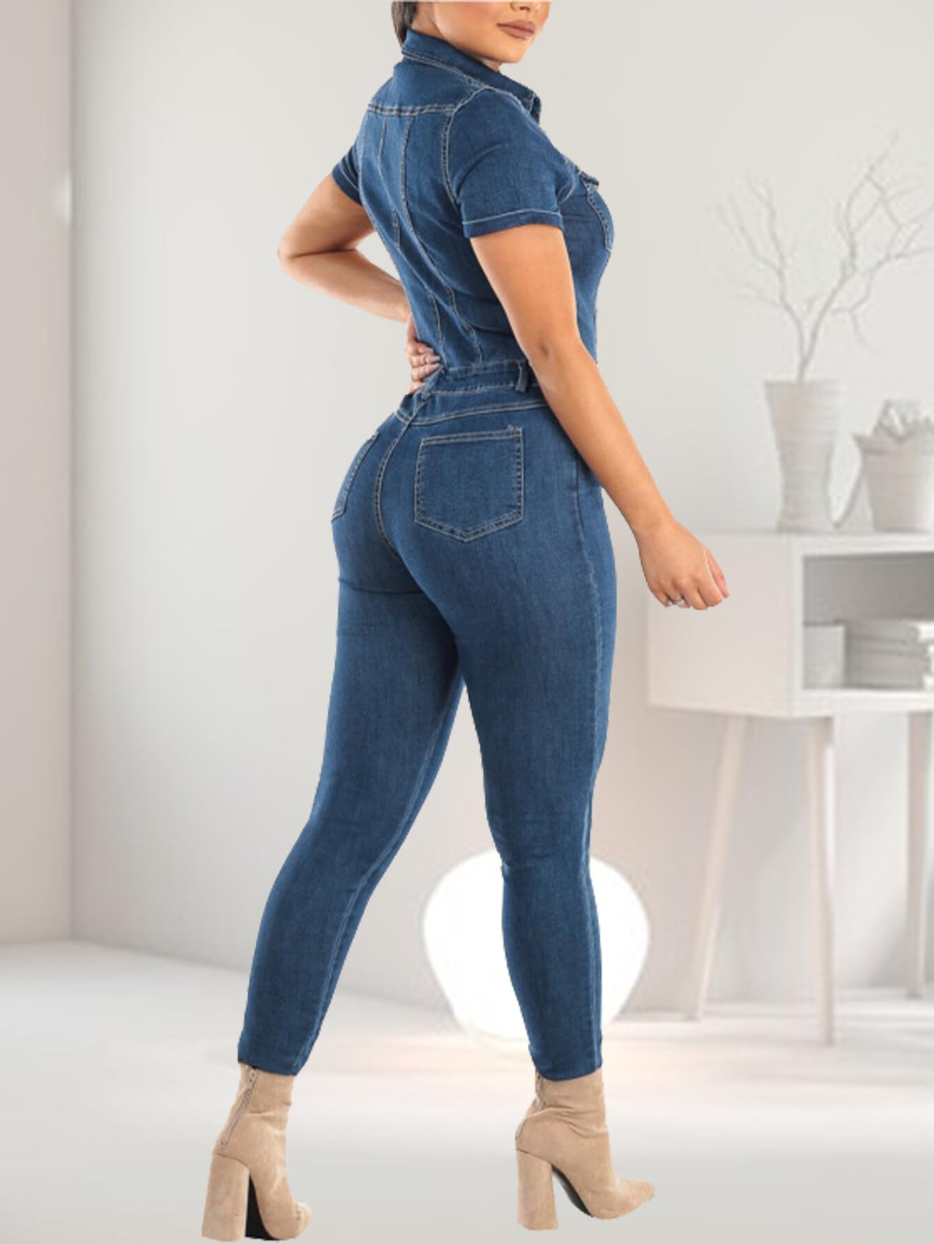 Asudaro Tuta Intera In Denim Da Donna Con Vita Media E Jeans Skinny Comodi