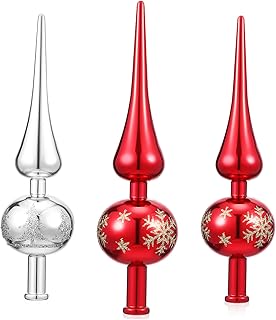 GALPADA 3pcs Xmas Tree Toppers Finials Ornaments Plastic Vintage Style Christmas Decorations in Red and Silver Holiday Tree Topper Accents for Home Parties Weddings