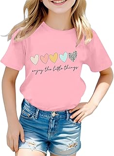Camiseta de verano para niña, diseño de corazones, de algodón, manga corta, disponible en muchos colores para niños, adolescentes, niñas, cuello redondo, camiseta de ocio básica de manga
