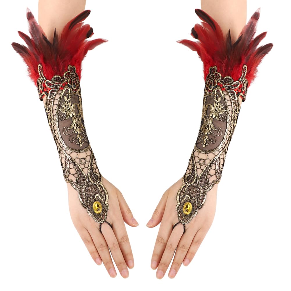 Feather Lace Gloves Womens Wrist Cuffs Mittens Halloween Costume Gothic Gloves Black Satin Opera Prom Gown Mittens for Evening Party Wedding Props