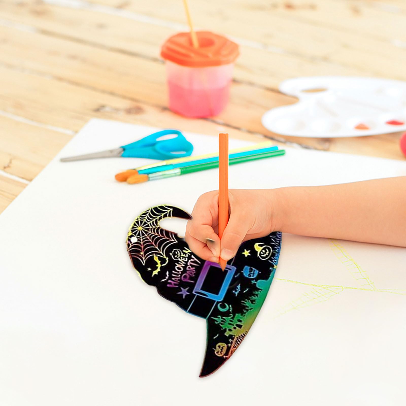 Vordpe Pack of 48 Halloween Scratch Pictures, Colourful Halloween Scratch Art for Children, Halloween Embellishments Hanging Craft Kits, Scratch Art Paper with Wooden Pens Ribbon (B-GHZ307) - Image 4