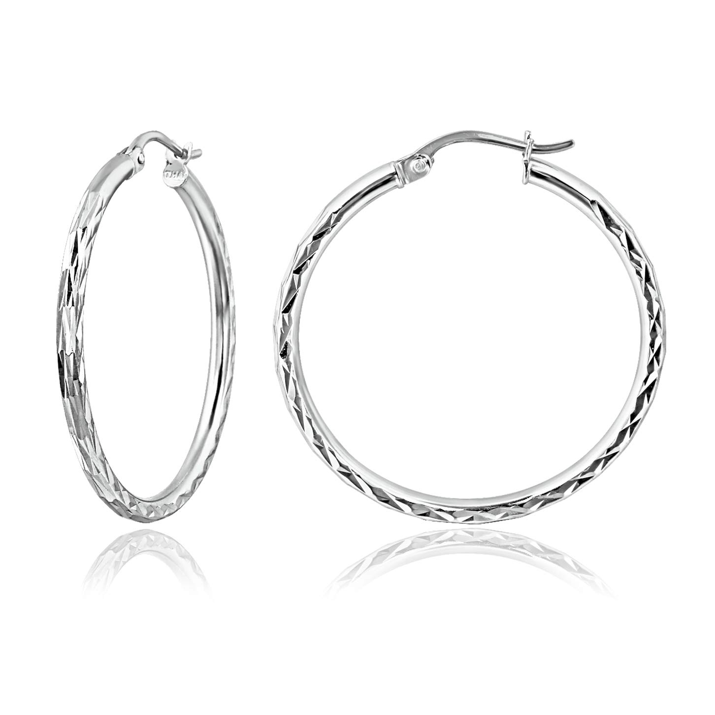Boucles d'oreilles créoles torsadées en argent sterling de 2 mm pour femmes et filles (2 x 15 mm – 50 mm de diamètre), Métal, Zircone cubique