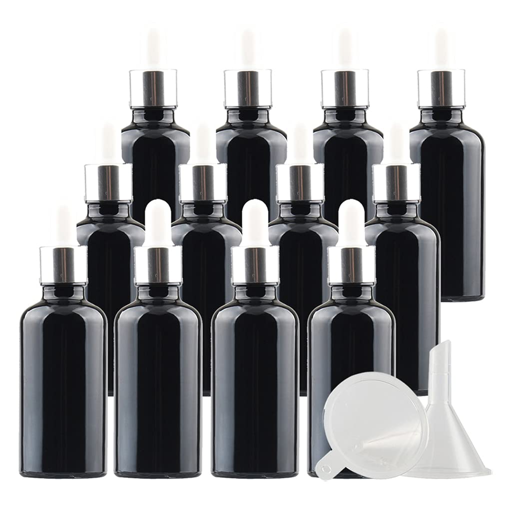 12 Pièce 50ml Bouteille Noir Vide Avec Compte Gouttes Pipette Argent Bouteille pour les huiles essentielles, Parfum,aromathérapie,3x entonnoir