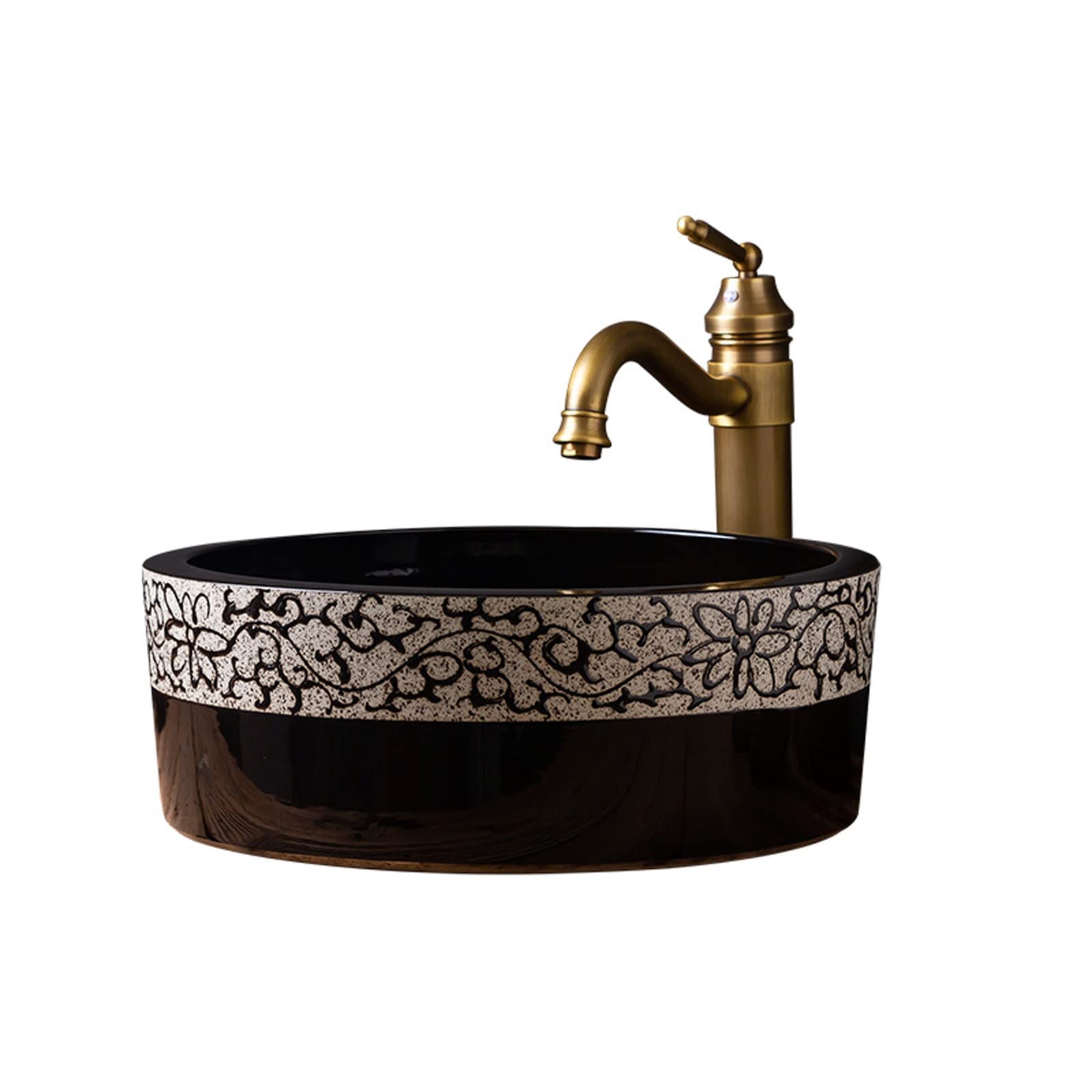 Sjdopulse Black Vessel Sink, Round Bathroom Ceramic Sink Bowl With Faucet And Pop-Up Drain, Above Counter Porcelain Art Basin, Luxurious Lavatory Vanity Sink