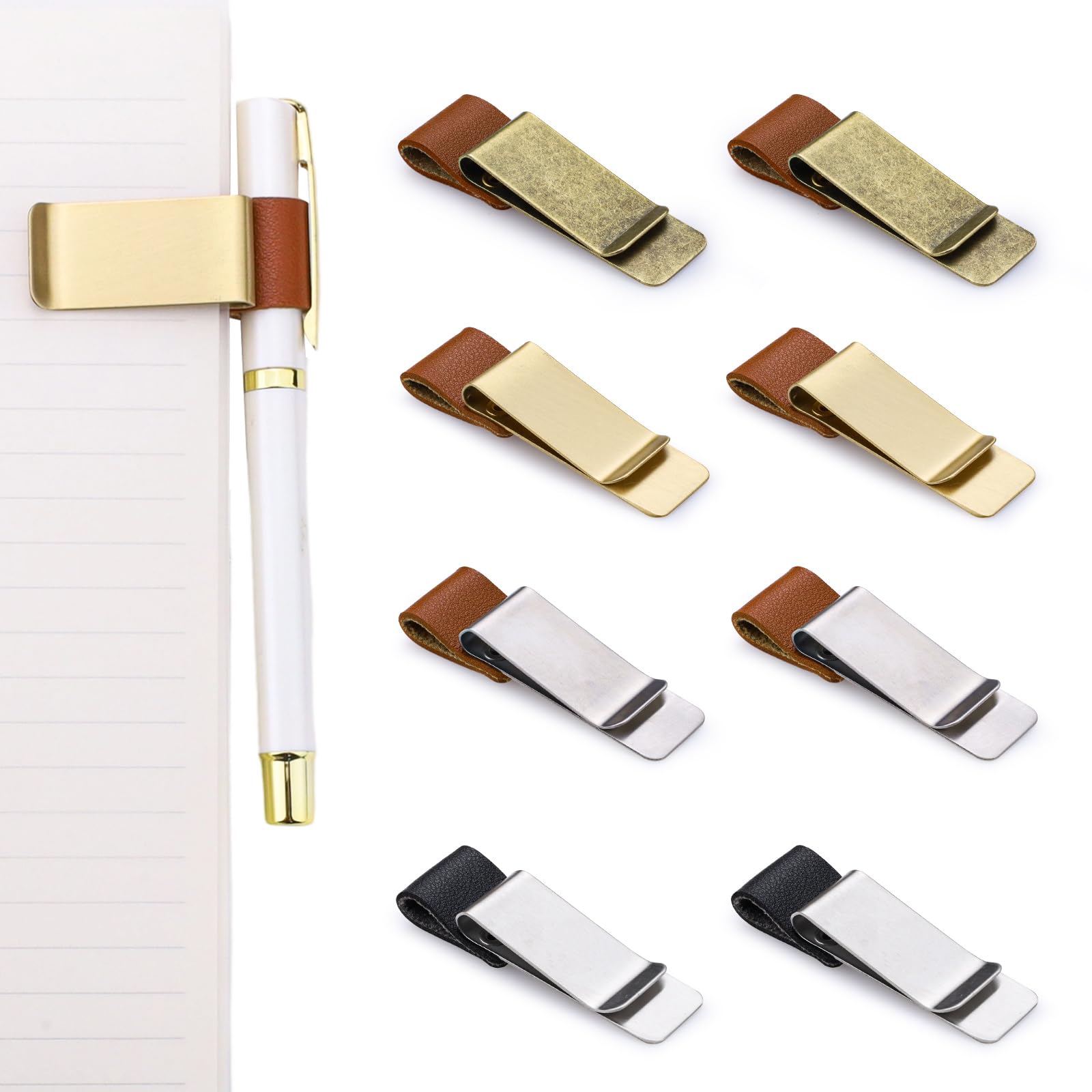 Diakey 8 Pack PU Leather Pen Holder for Notebook, Metal Pen Loop Holder Pencil Clip for Journal, Book, Planner