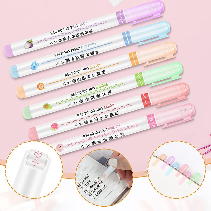 Image of YBN Vibrant Highlighter Pen Set-6 Colorful Line Markers For Adults&Kids|Roller Line Marker Pens For Drawing,Journaling,Scrapbooking|School Stationery Kit,Multi-coloured