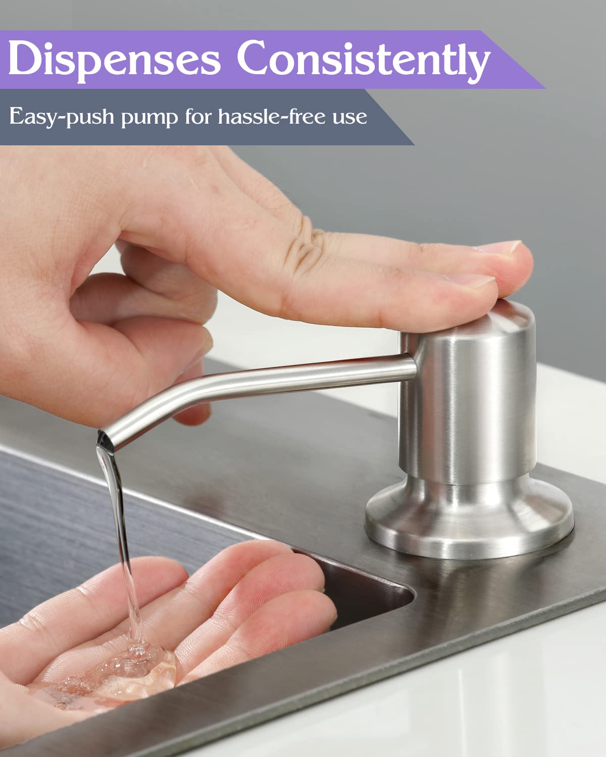 Dispensador de jabón integrado para fregadero de cocina, níquel cepillado, acero inoxidable, dispensador de jabón con capacidad grande F25-1BN de 17 onzas