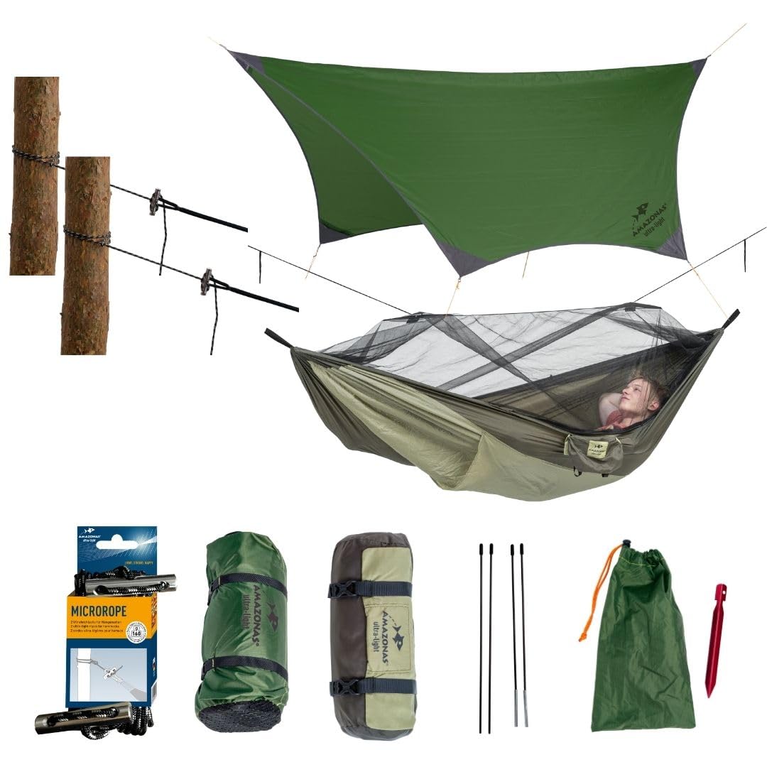 AMAZONAS - Traveller Set | Leichtes All-in-One Camping-Set mit Hängematte, Moskitonetz, Thermofach, wasserdichtem Tarp und Aufhängung | Kompaktes Packmaß 25cm x 10cm, Gewicht 1,48kg