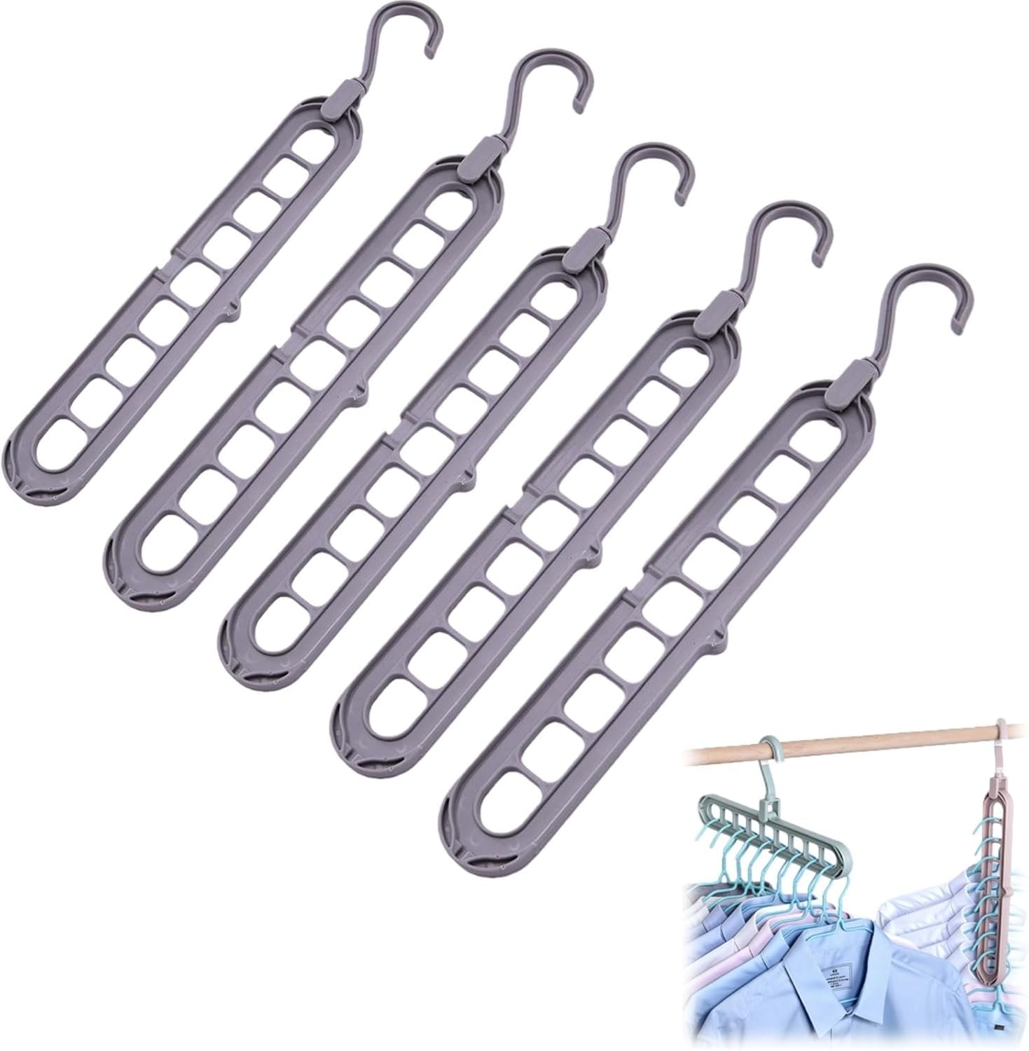 Smart Hanger 9-in-1, 9 Holes Rotate Anti-Skid Folding Hanger, Space-Saving Folding for Wardrobe, Efficient Cascading Organizer, Anti-Skid Design for Home Closet (5 PCS Grey)
