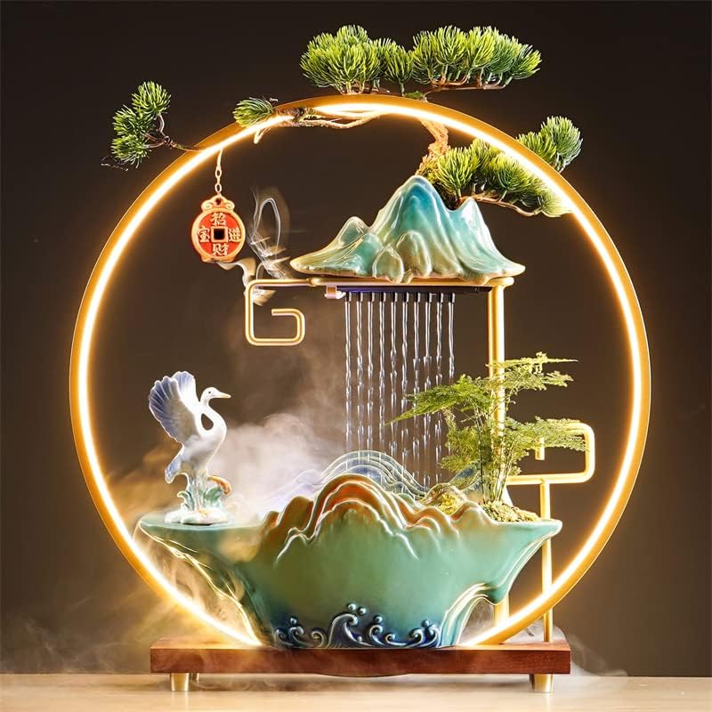 Fuente de agua de mesa con grúa, cascada interior con luz LED, fuente de escritorio para meditación con niebla, fuente japonesa con plantas falsas,