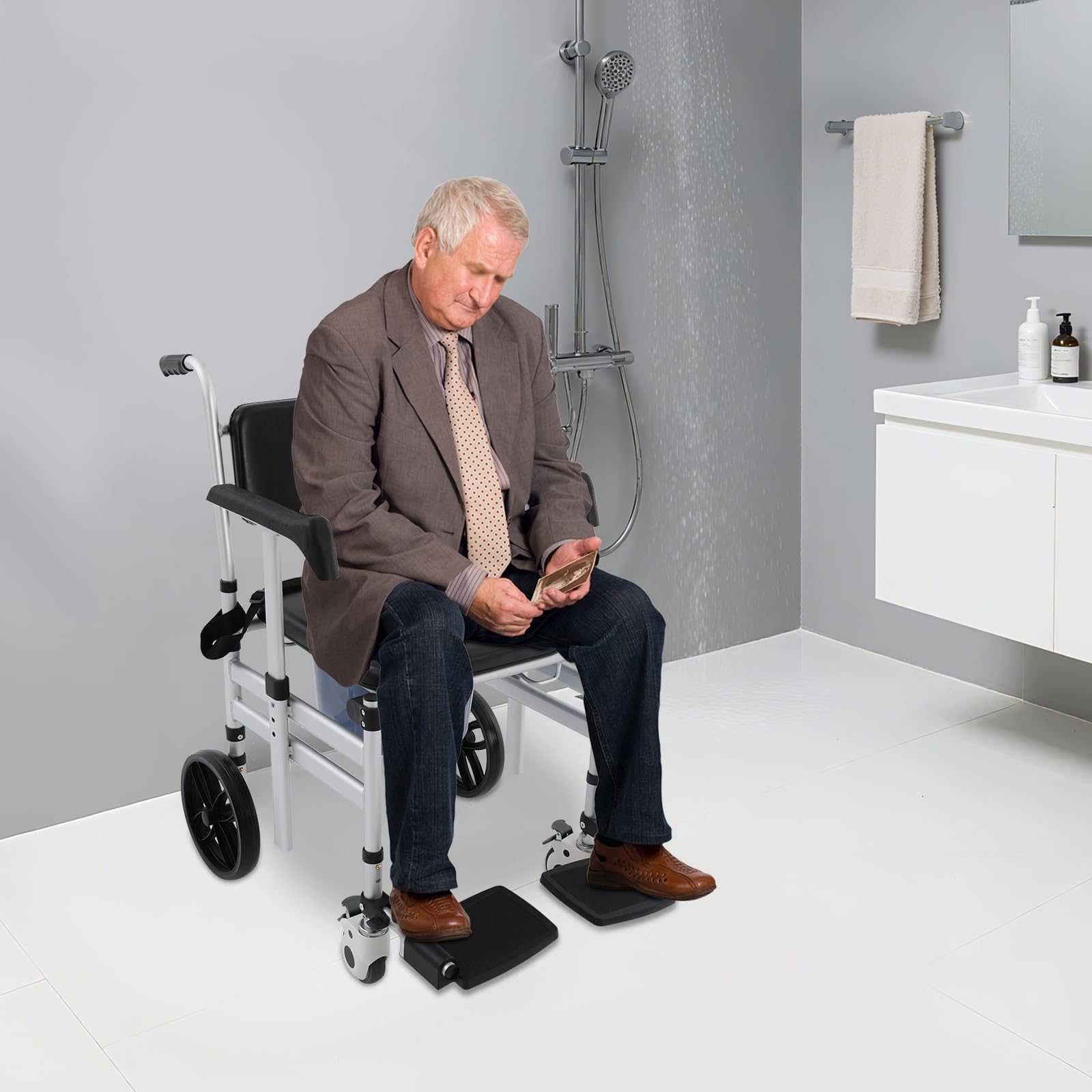 Silla de baño plegable con ruedas,Silla de aseo de aluminio ajustable en altura,Silla de inodoro móvil para personas mayores,Capacidad de carga de 150 kg