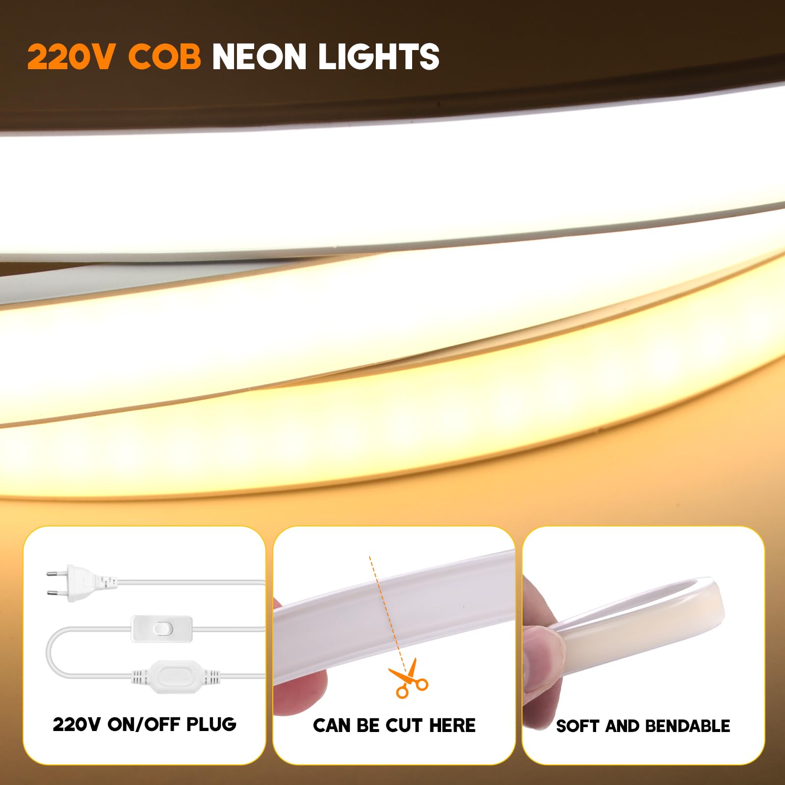KISUFU 220V Flessibile Striscia LED COB con interruttore,IP65 impermeabile,Alta luminosità 288 LED/m,Luminoso Nastri LED per armadio cucina casa fai da te camera da letto interni