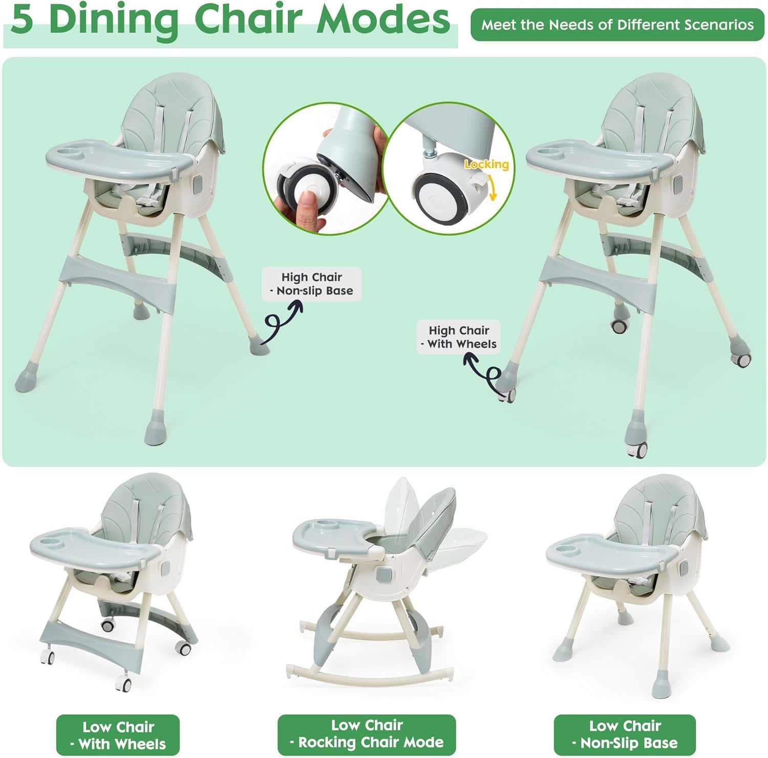 Trona bebé 5in1,Trona Plegable Para Niños, con Altura Regulable,Bandeja Extraíble y Arnés de 5 Puntos,Evolutiva Trona Evolutiva, apta Para Bebés a Partir de 6 Meses