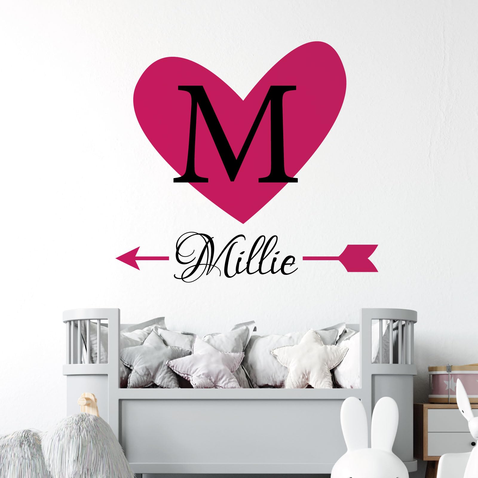 Heart & Arrow - Personalised Name, Initial Letter, Children Nursery Bedroom Decal Wall Sticker [Medium] [Magenta]