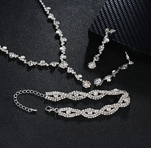 Yanoda Clear Crystal Wedding Jewelry For Bride Rhinestone Necklace Earrings Bracelet Jewelry Set For Wedding Gifts Silver-Tone Bridal Bridesmaid Wedding Evening Party Prom Jewelry Set #TOP4