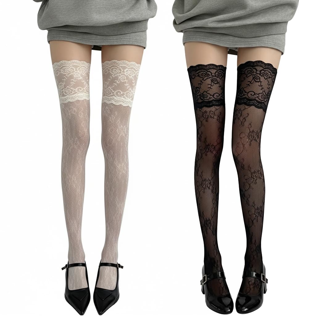 2 Pairs Thigh High Stockings for Women Sexy Black White, Chunky Lace Patterned Over The Knee Stockings for Girls, Girls Long Leg Fishnet Sock for Skirts and JK Uniforms