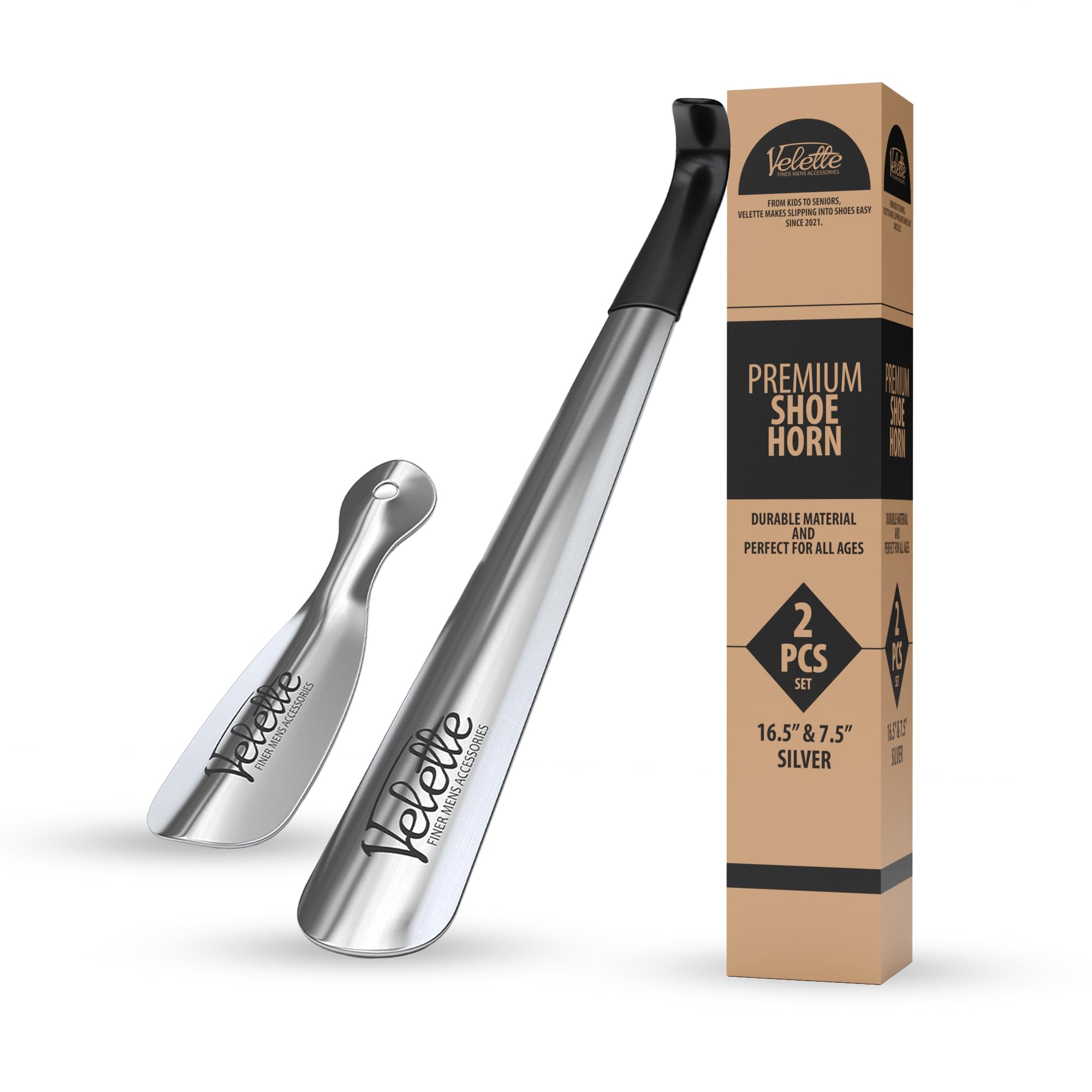 Velette 2 Pack Metal Shoe Horn Long Handle for Seniors - 16.5" Extra Long Shoe Horn for Seniors, 7.5" Travel Shoes Horns for Men, Women, and Kids - Shoehorn Long-Handle, Shoes Spoon, Gifts for Elders