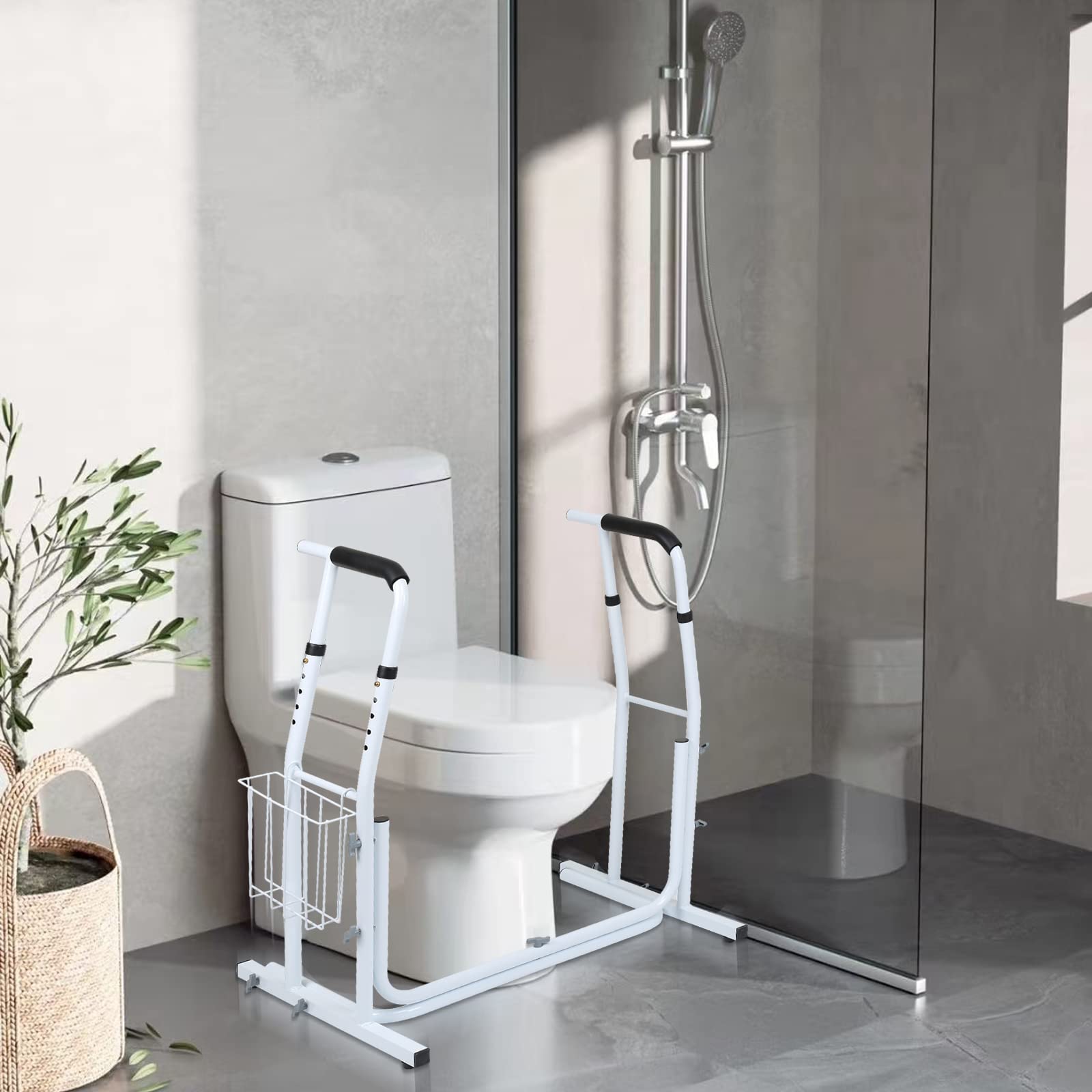 Sonnewelt Supporto mobile per WC con cestino, regolabile in altezza, antiscivolo, supporto per WC per anziani, portata fino a 200 kg