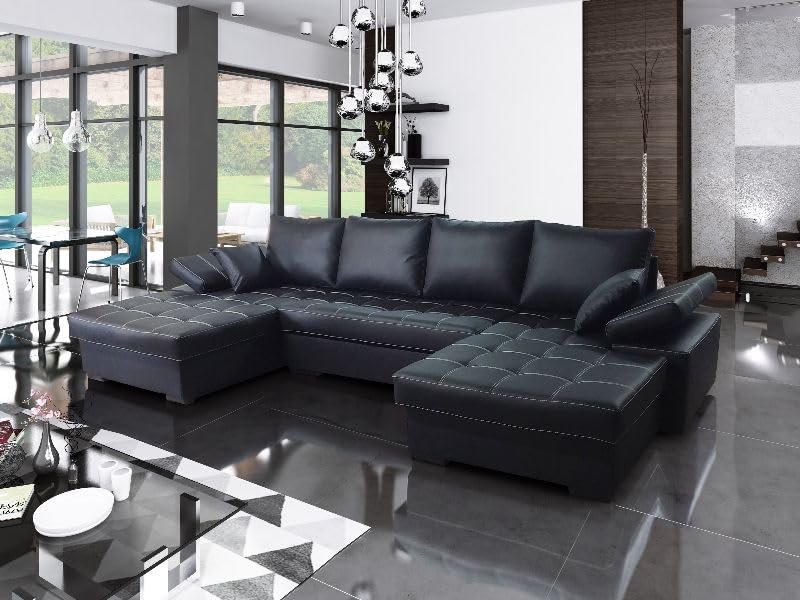 Tendencio Canapé d'angle panoramique Convertible Fabio en U avec Coffre de Rangement et lit en Simili Noir