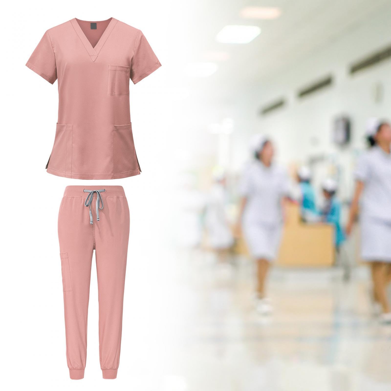 LOVIVER Female Scrub Set Nurse Workwear V Neckline Professional Machine Washable Top and Joggers Pant Work Clothing for Beauty Center, Pink, S