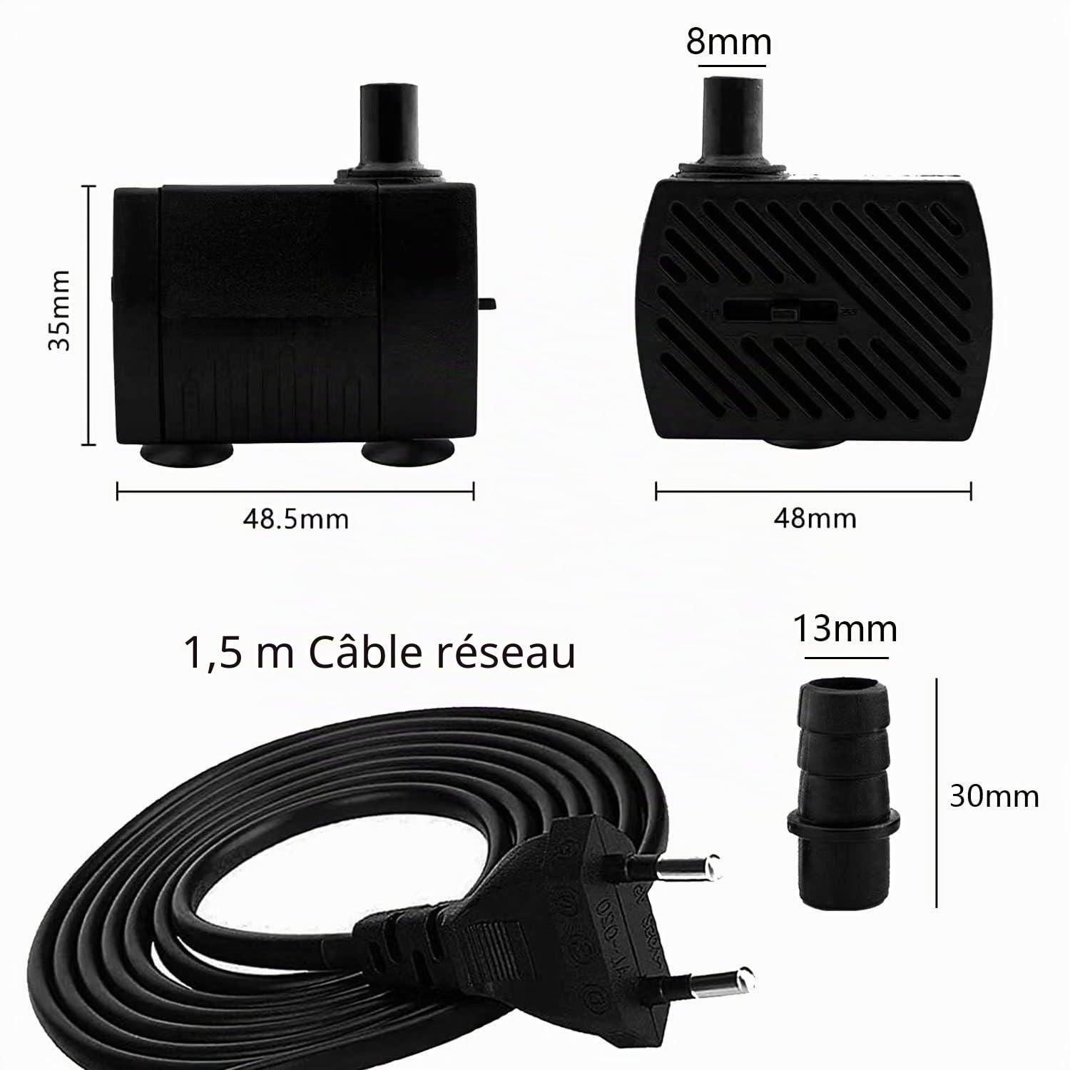 CAM2 Mini pompe à eau, ultra silencieuse pour aquarium avec câble d'alimentation de 1,5 m, 350 L/H, 5 W, petite pompe submersible, pompe à fontaine, 2 buses pour aquarium, étang, jardin, fontaine