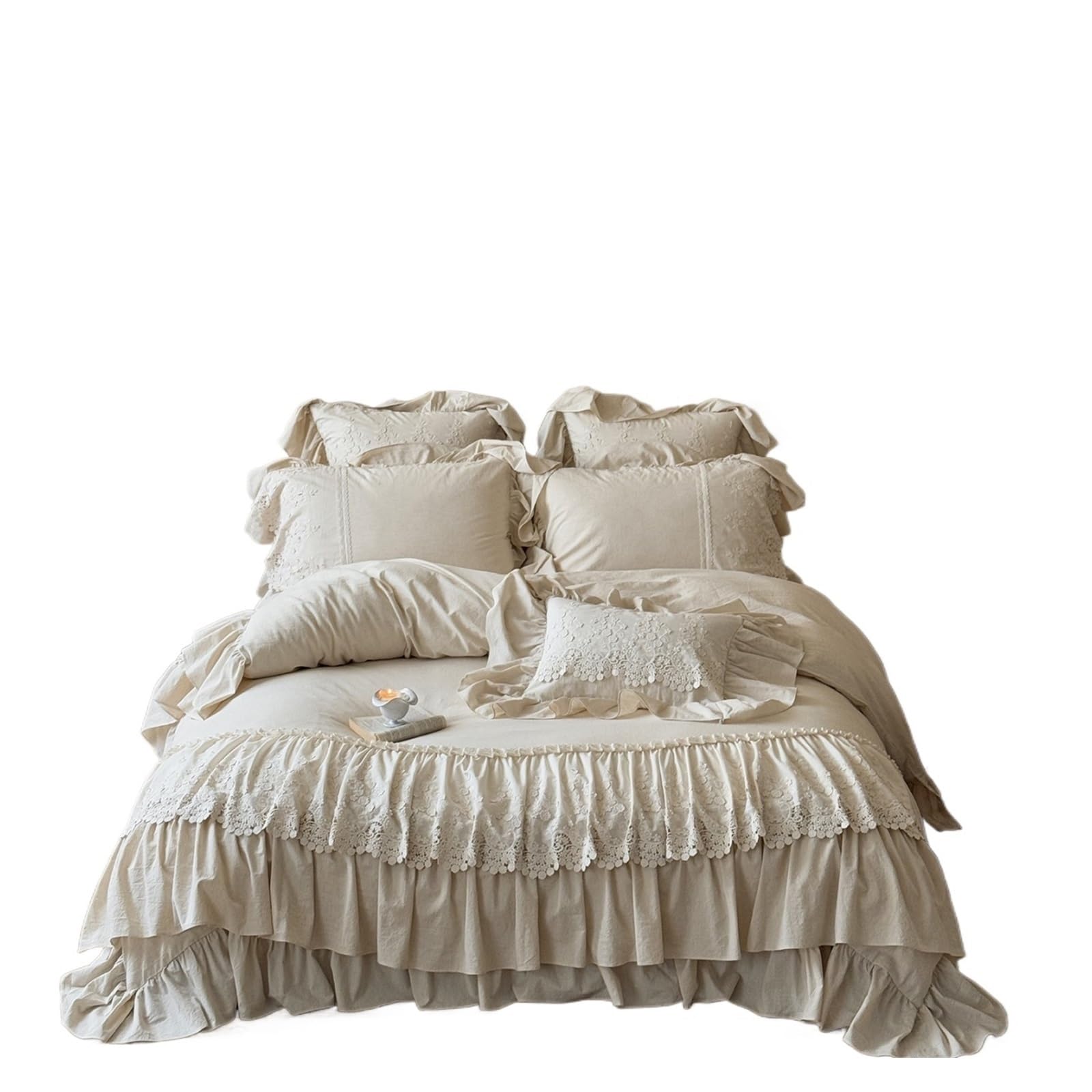 GCYEIDMA Ruffle Duvet Cover Double Layer Lace Ruffles Bedding Set Duvet Cover Quilted Bedspread Pillowcases 4Pcs(Color 1,Queen 200X230cm 4pcs)