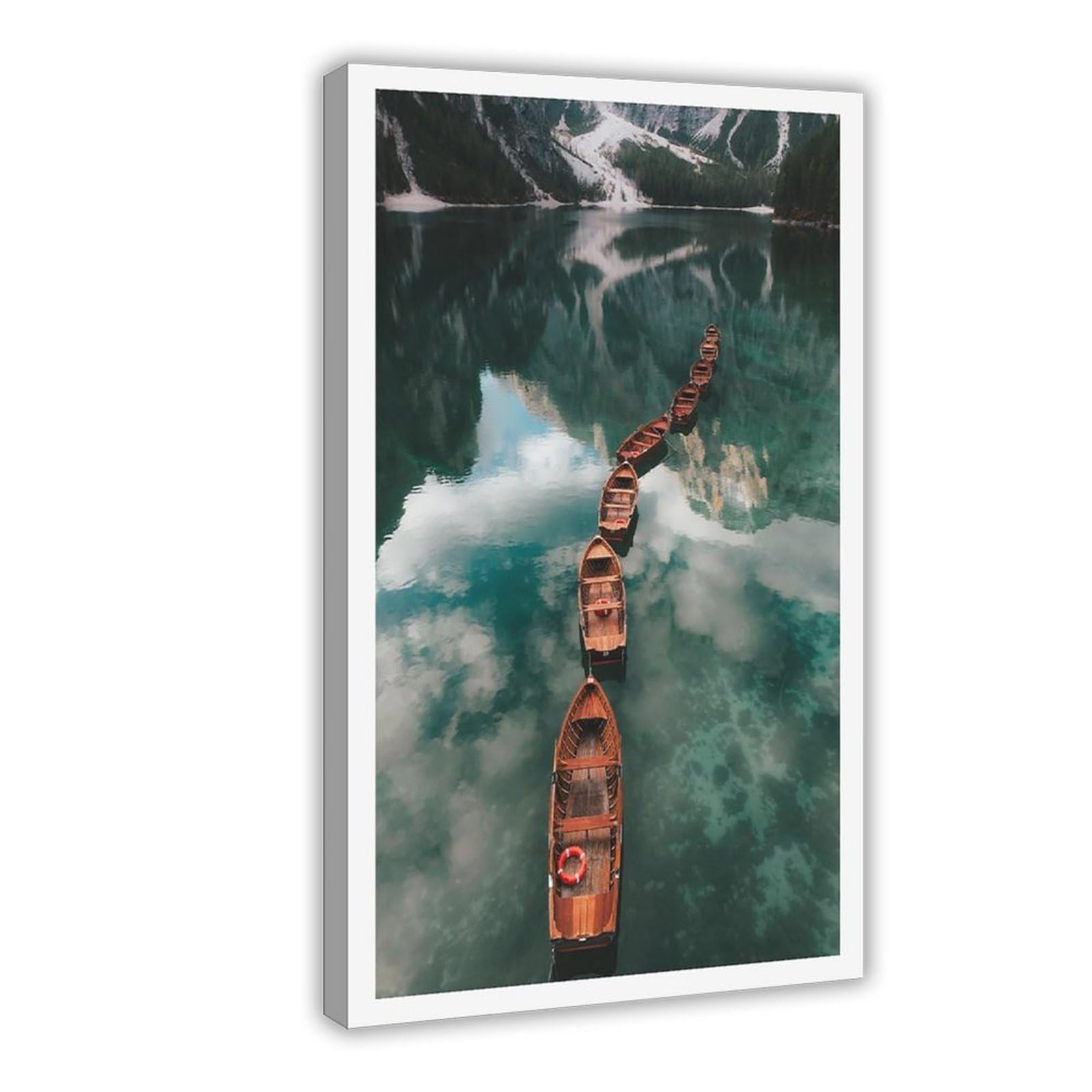 HEYANM Lago Di Braies Print Dolomites Alpine Lake Boats Nature Wall Art Canvas Poster Bedroom Office Room Decor Gift Frame 12x18inch