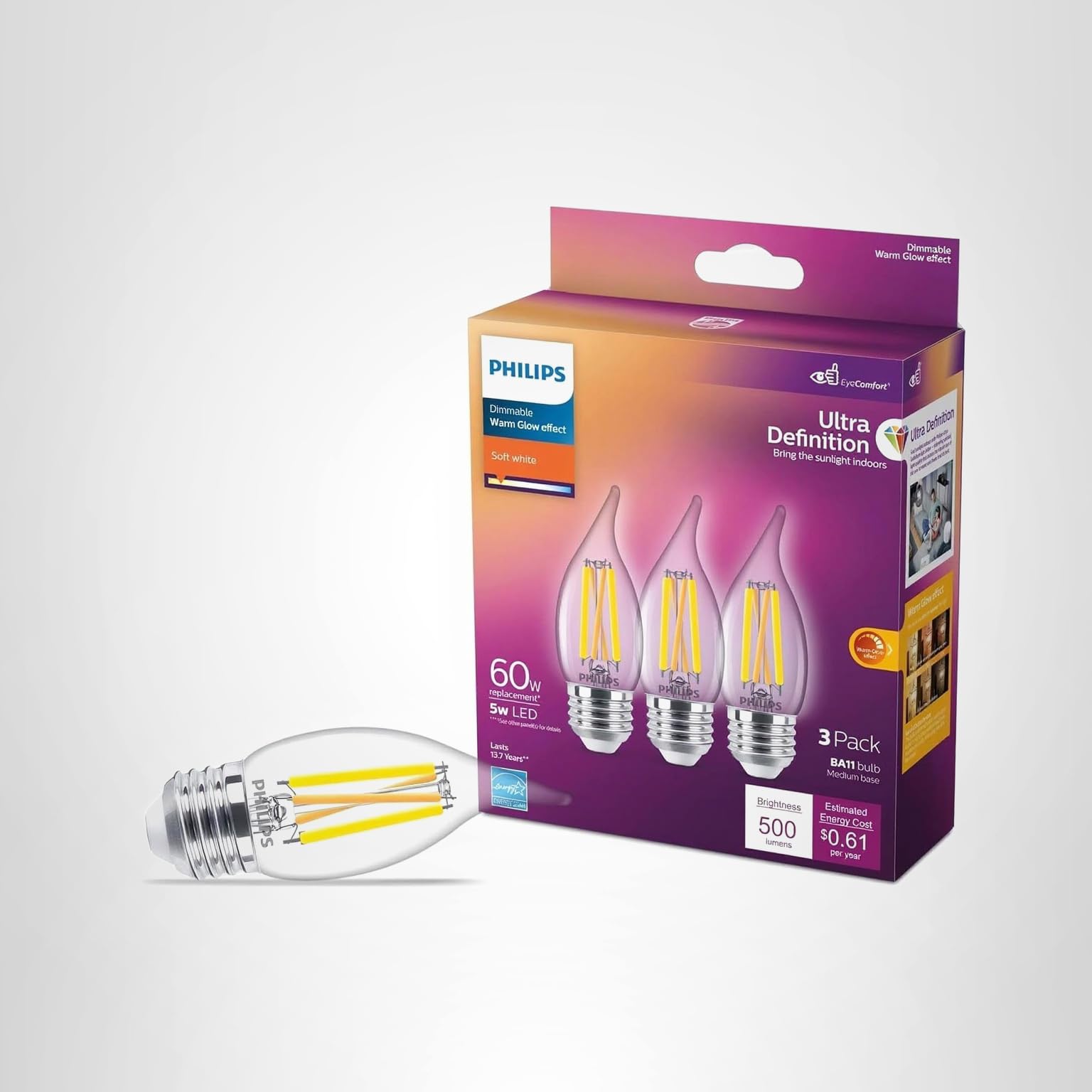 PHILIPS LED 60W BA11 E26 Base 3-Pack Ultra Definition Soft White