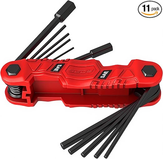 11-Piece Large Folding Hex Key Set SAE (3/32"-1/2"), Heavy Duty Allen Wrench Set, Portable Tool for Archery, Bike Repair, Furniture, and Basic Home Maintenance (Red)