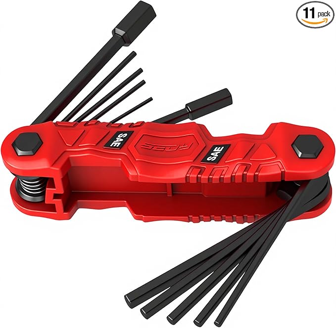 11-Piece Large Folding Hex Key Set SAE (3/32"-1/2"), Heavy Duty Allen Wrench Set, Portable Tool for Archery, Bike Repair, Furniture, and Basic Home Maintenance (Red)