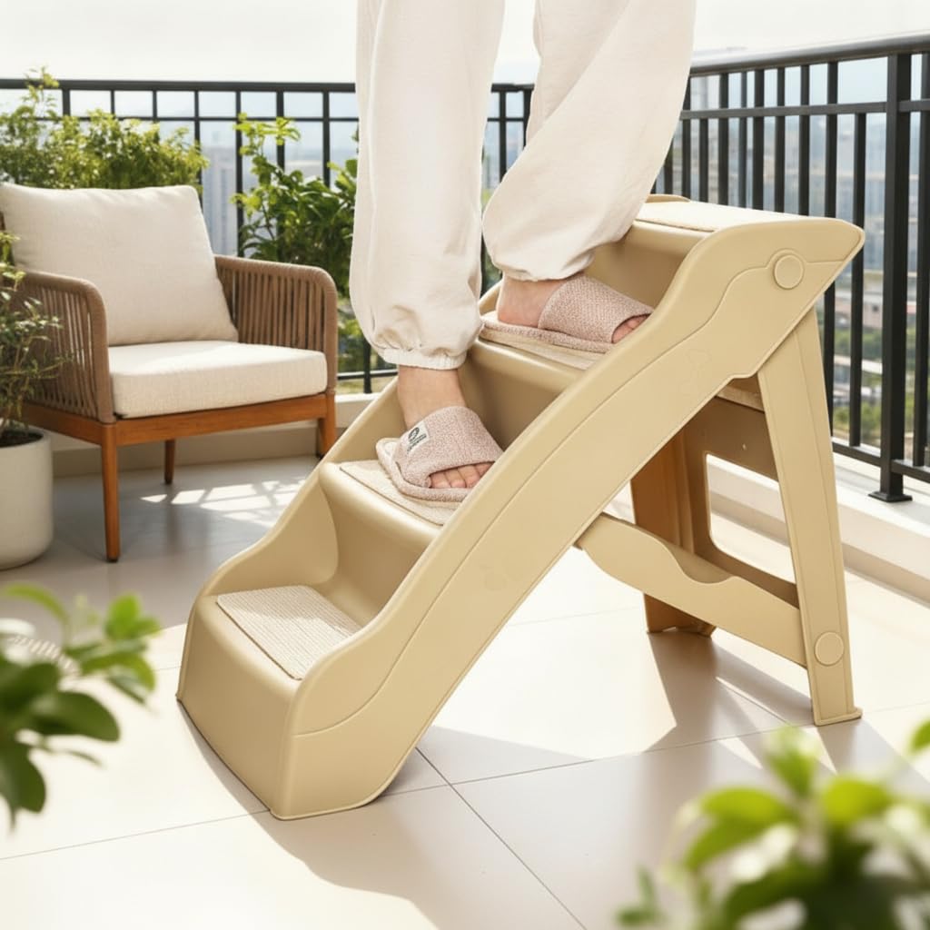 Rampa per Animali Domestici con Gradini Antiscivolo in Plastica Rinforsata Struttura Triangolare Stabile Piegevole E Portatile per Divano Letto Auto, Beige, Rinforzato e ispessito