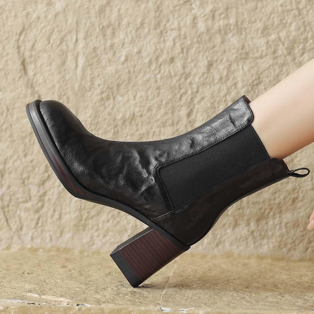 Stiefeletten Damen Leder Chelsea Boots Elegant Kurzschaft Ankle Stiefel Absatz Blockabsatz High Heels