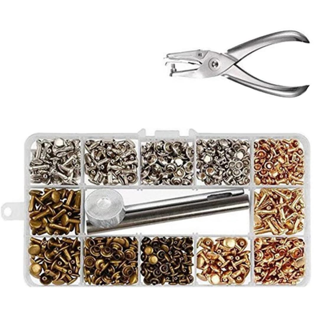 MILEVO Juego de botones y remaches de cuero, 300 unidades/juego de pernos de metal tubulares de doble tapa con alicates perforadores, remaches de cuero de 12 mm/8 mm/6 mm para ropa de bricolaje