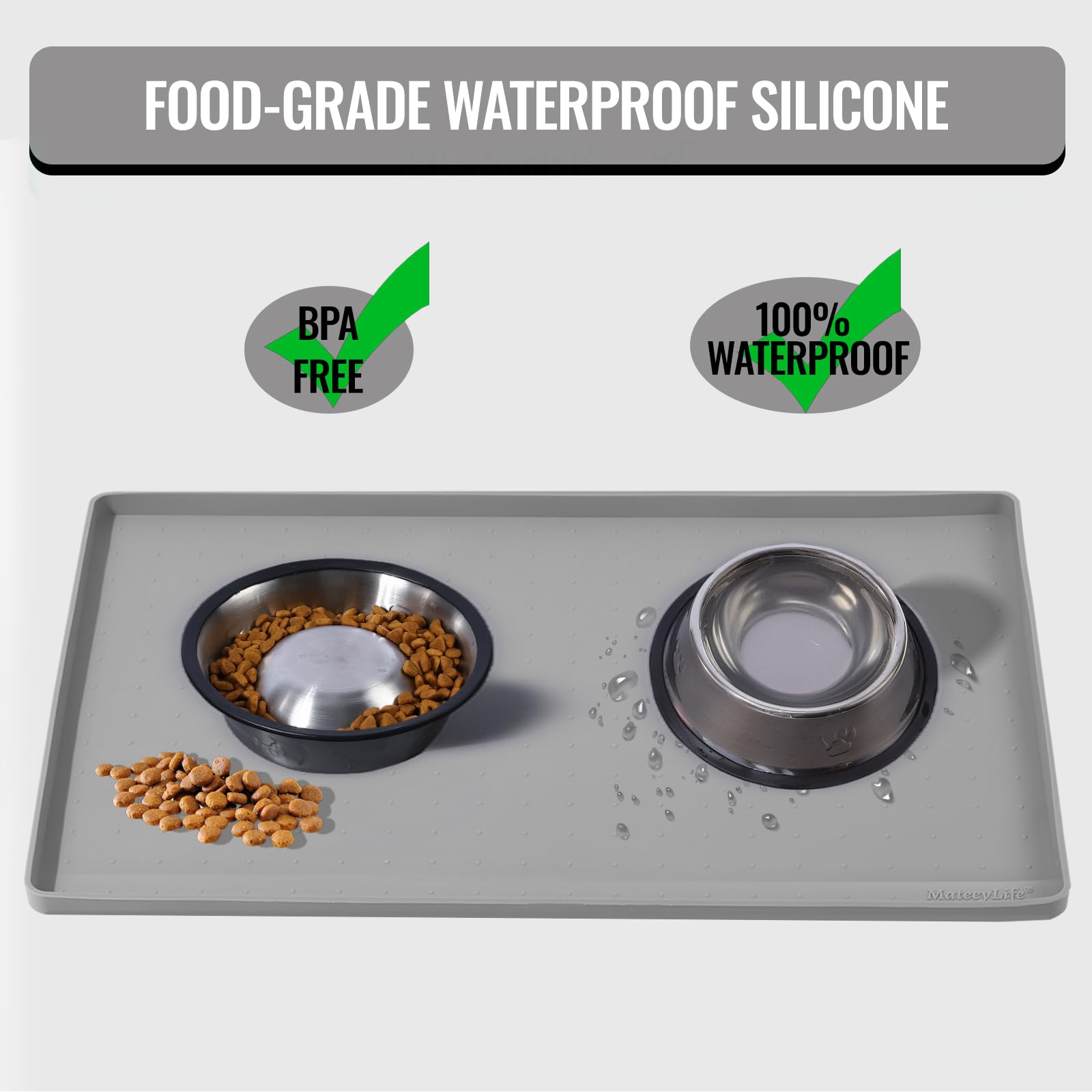 MateeyLife Dog & Cat Food Mat for Floors Waterproof, Nonslip Bowl Mats for Food and Water, Dog Feeding Mats with Raised Edges, Silicone Dog Water Matt Tray for Messy Drinkers, 18"x12", Grey