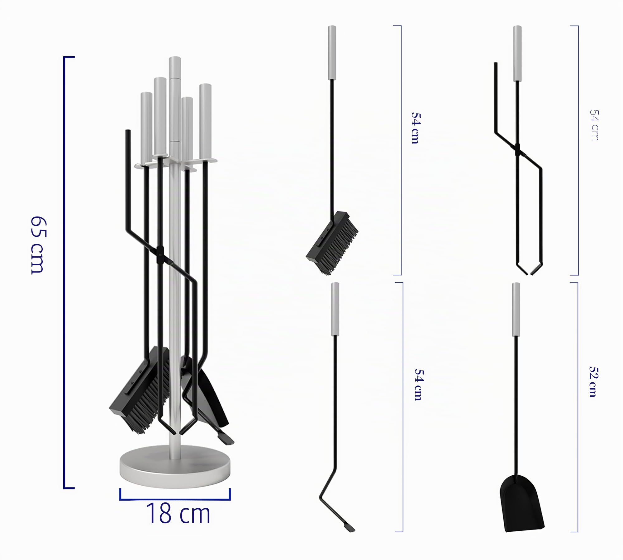 Kingson Set Moderno da 5 Pezzi per Camino – Manici e Supporto in Acciaio Inox – Include Spazzola, Attizzatoio, Pinze, Pala – Utensili in Ferro – Set di Attrezzi per Camino per Bruciatore a Legna