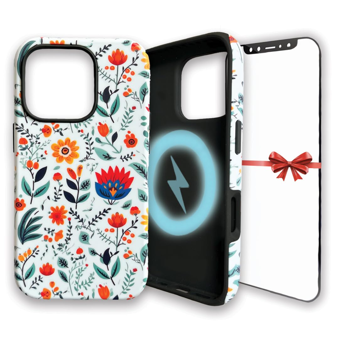 iPhone 16 pro Case White Floral MagSafe Compatible | Free Screen Protector | Dual Case for Heavy Duty Protective Back | Camera Lens Raised Edges Military Grade Shockproof | White Floral