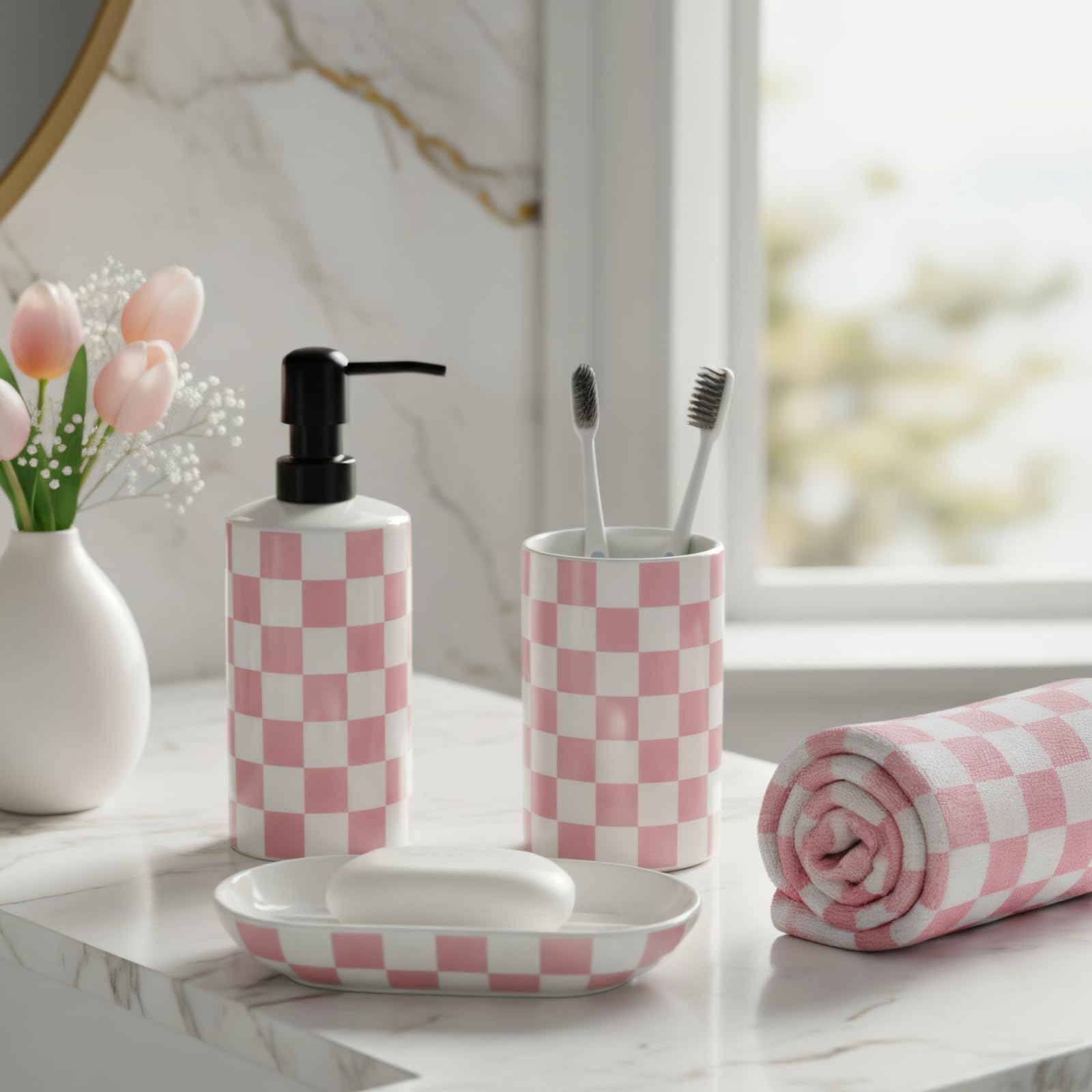 Soporte de cerámica para cepillo de dientes rosa, soporte para cepillo de dientes para baño, moderno y bonito soporte para cepillo de dientes femenino, vaso de pasta de dientes para baño,