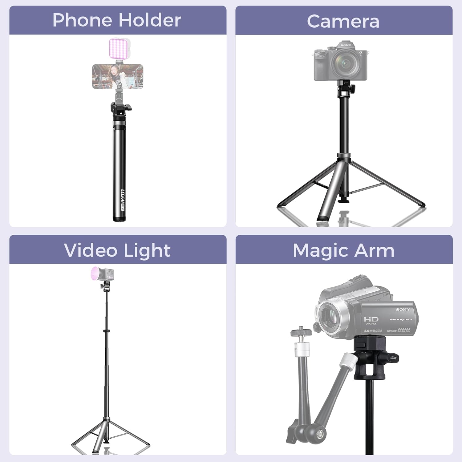 Leekai LK56 84" Auto Pop-Up Light Stand, Ultra-Fast Setup Travel Tripod with 1/4" Screw & Phone Holder, Aluminum Alloy Photography Stand for Ring Light, Video Lights, DSLR Camera, Max Load 20lbs