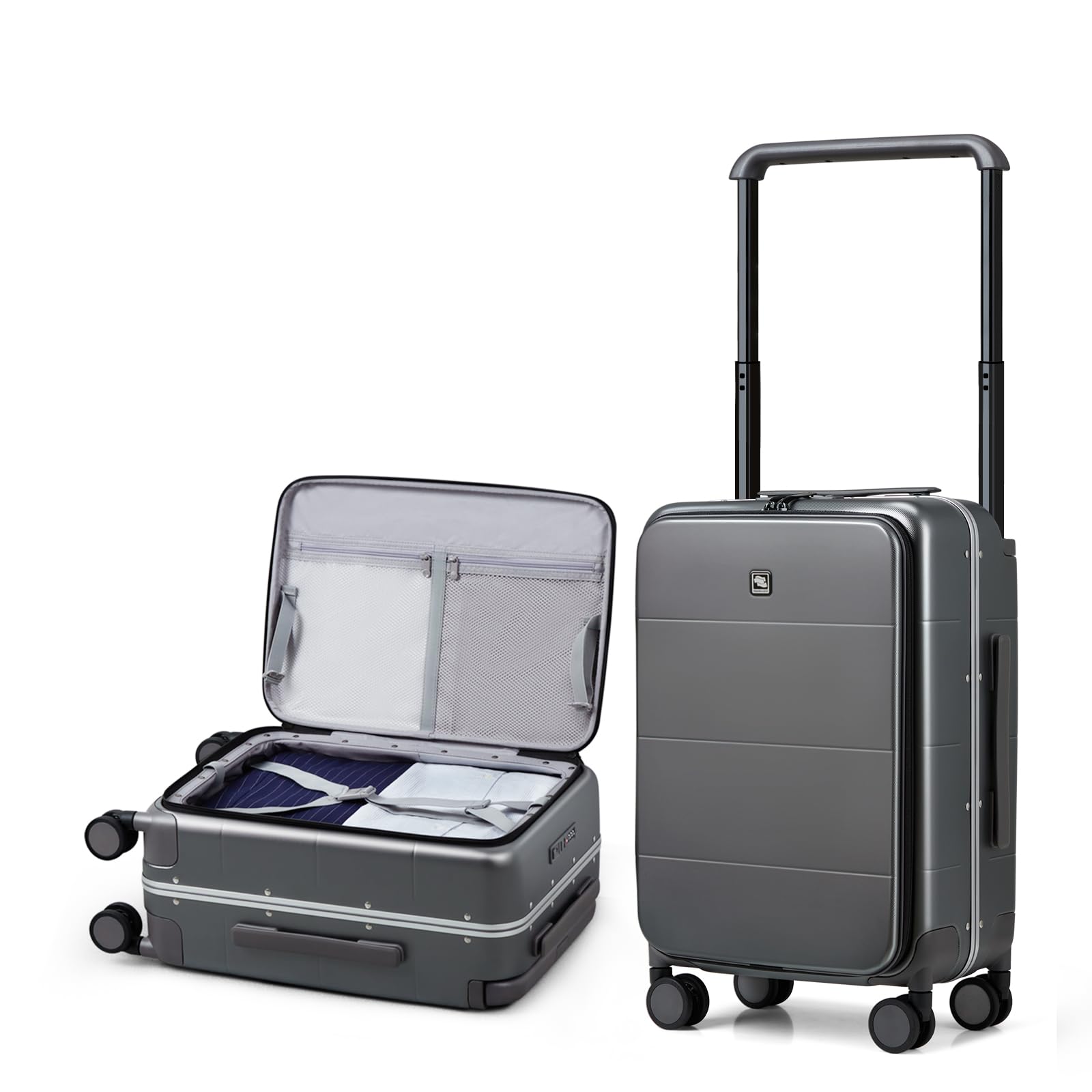 Hanke Top Opening Carry On Luggage, 20 Inch Zipperless Aluminum Frame Wide Handle Luggage, All-PC Hard Shell Trunk Suitcase with Spinner Wheels, TSA Airline Approved (Graphite Grey, 40L)