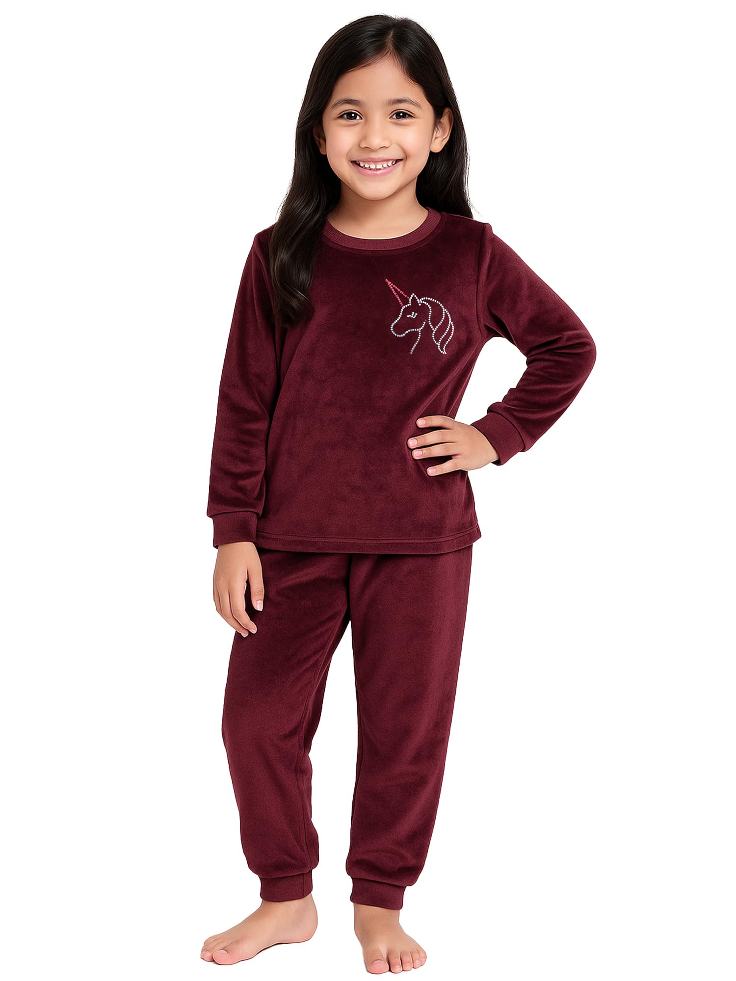 Kuchipoo Girls Velvet Night Suit Set | Full Sleeve Winter Pajama Set with Cute Unicorn Design| Warm & Soft Winterwear for Girls