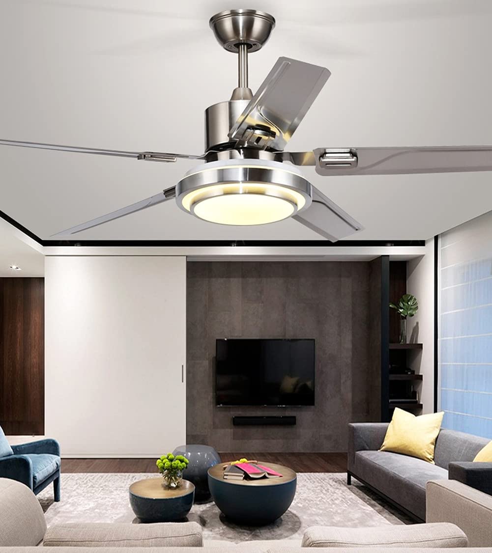 WHYIN 48” Modern Ceiling Fans with LED Light, 5 Stainless Steel Reversible Blades, Remote Control 3 Color Changes 3 Speeds Indoor Home Decoration Living Room Bedroom