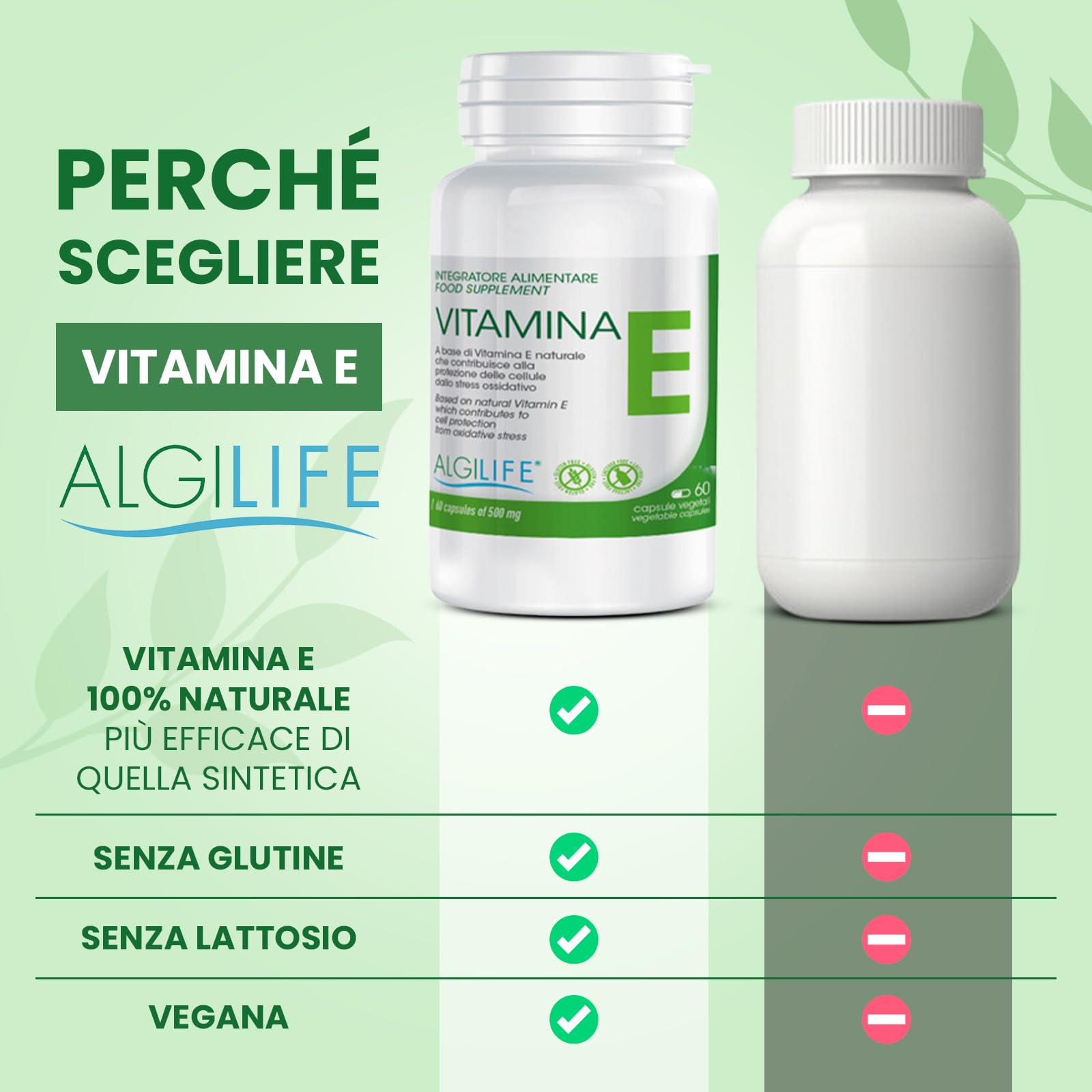 Algilife - Vitamina E Pura in Capsule Vegetali da 60 Mg. Vitamina E Per Viso e Corpo 100% Naturale con Tocoferolo. Vegan Senza Glutine e Lattosio (60 Capsule, scorta 2 mesi)