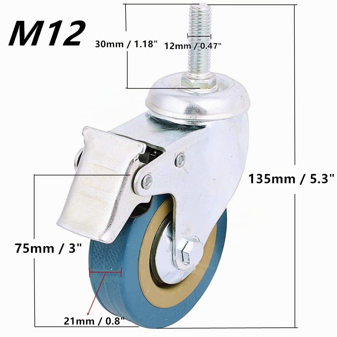 Lot de 4 roulettes pivotantes industrielles verrouillables avec tige filetée et pivotantes à 360 ° - Non marquantes - 7,6 cm - Avec frein - Pour chariots, meubles, chariots, chariots (M12)