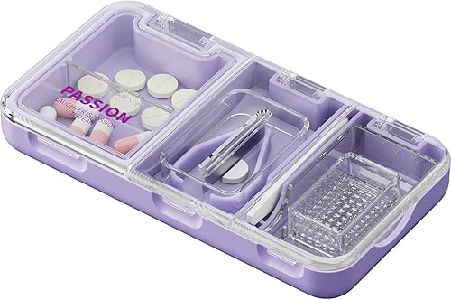 Cortador de píldoras pequeño, portátil, bonita trituradora de píldoras para bolsillo, corta tabletas de vitaminas (morado)