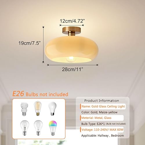 Miniatura 2 de Lámpara de techo de latón empotrada de mediados de siglo, moderna lámpara de techo dorada cepillada de vidrio amarillo leche semiempotrada, lámpara