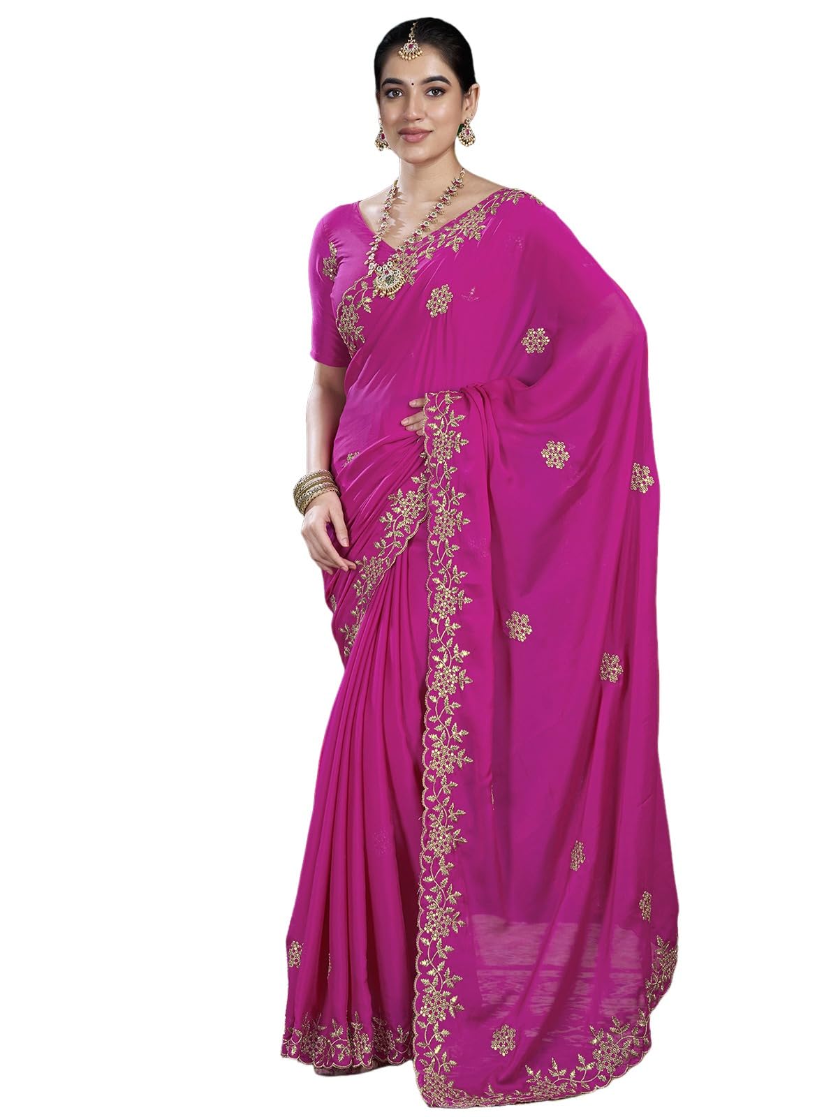 Satrani Women's Georgette Sequence Embrodery Scollped Border Saree With Unstitched Blouse Piece (4215S382N_Rani Pink)